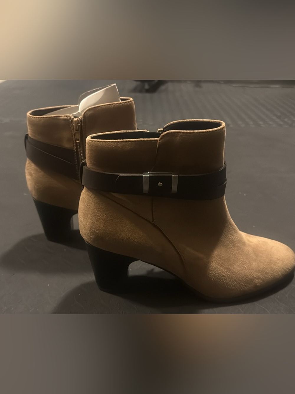 New Women’s Tan Suede Ankle Booties with Buckle Strap